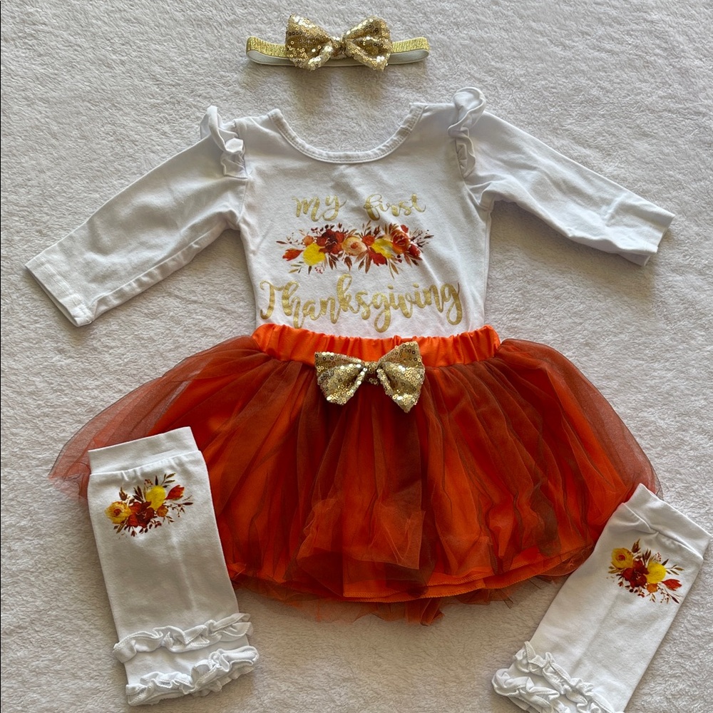 My First Thanksgiving Baby Girl 3-6 Mos - Bodysuit, Skirt, Headband, Leg Warmers